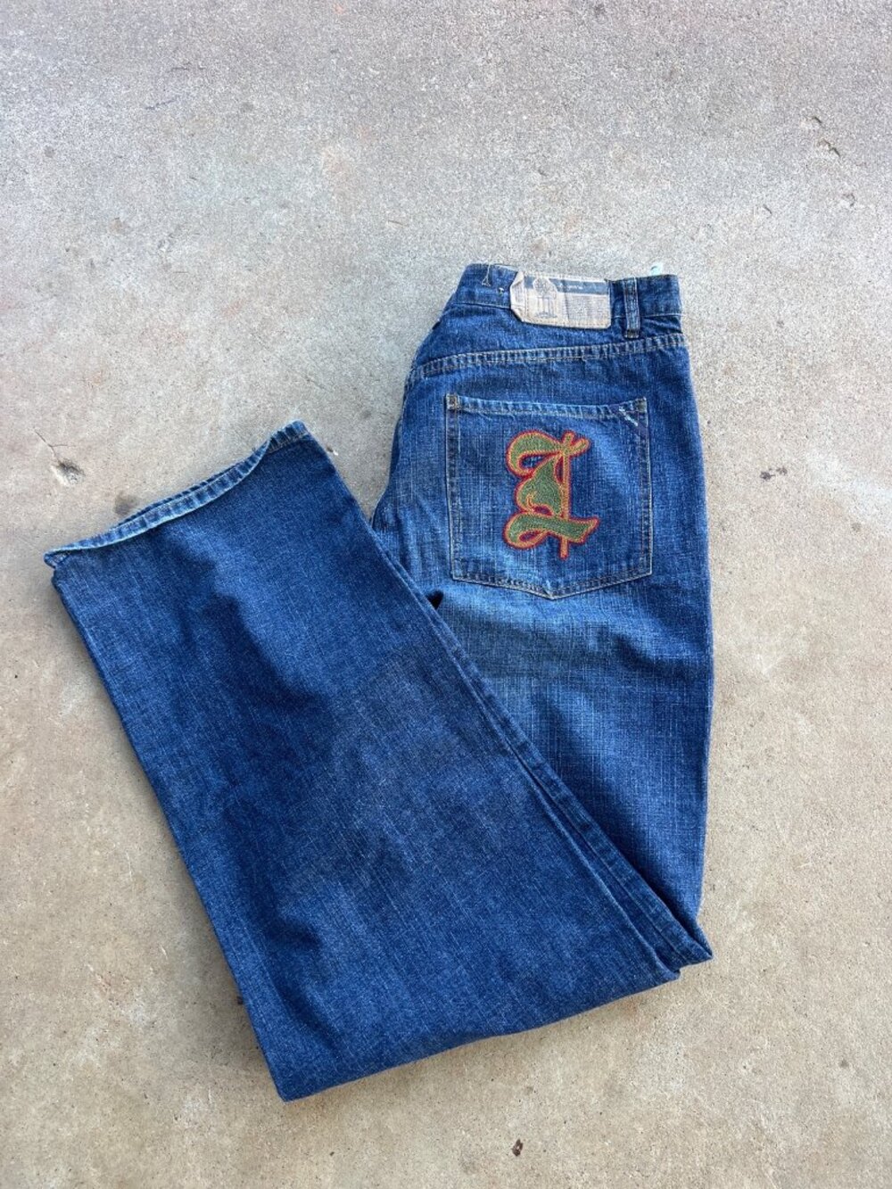 Vintage Baggy Hip Hop Skater Mens 38  Jeans With Back Pocket Embroidery K3